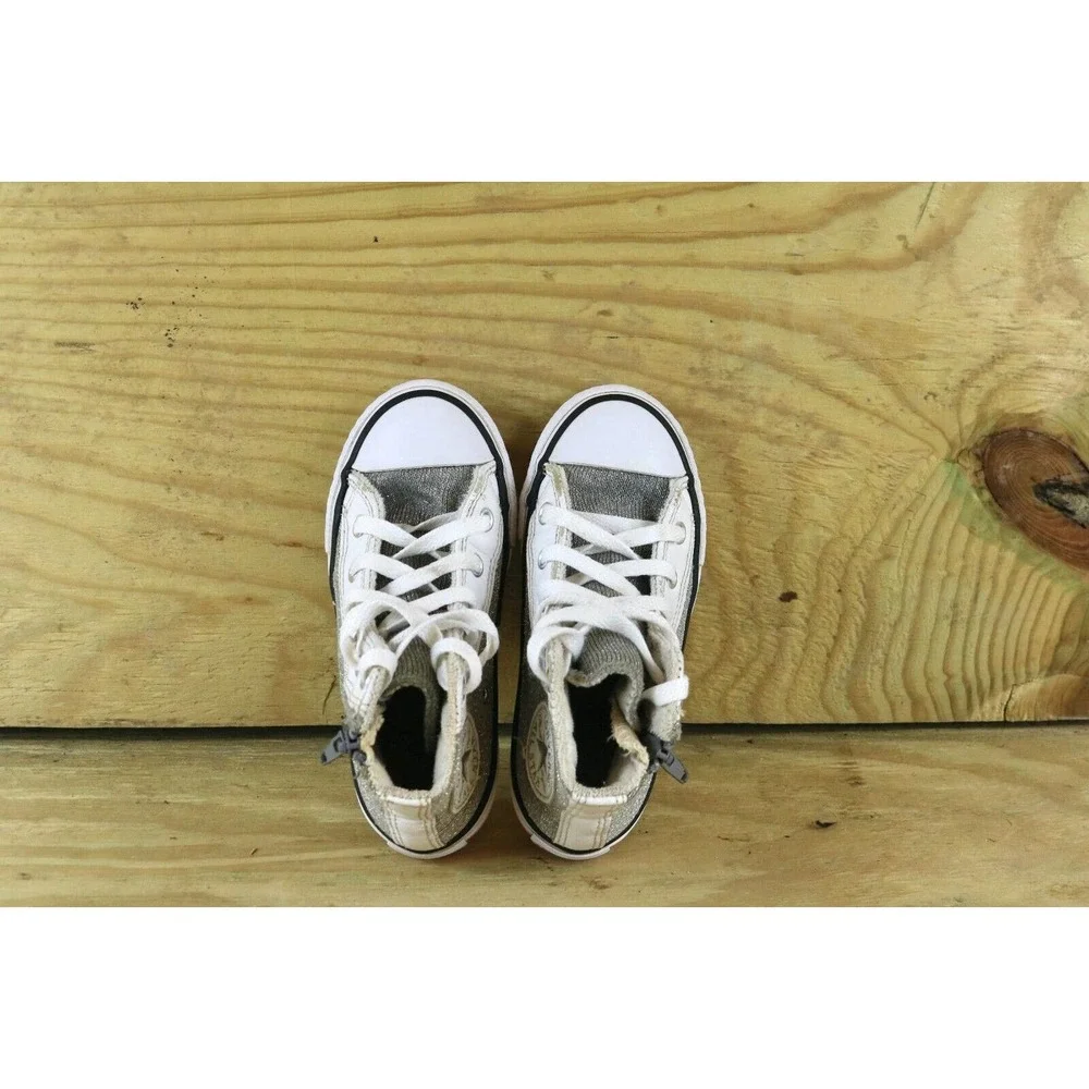 Converse Chuck Taylor Girls 11 Junior Metallic Zip Fabric Gray Sneakers